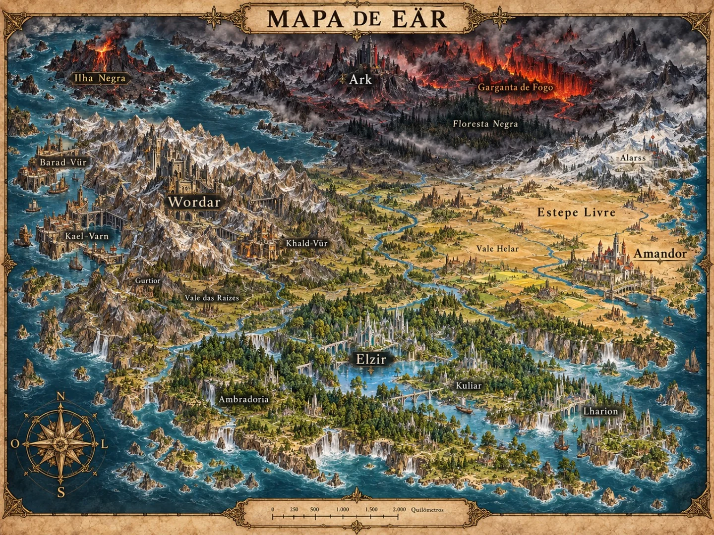 Mapa ilustrado de Eär com Wordar a Oeste, Elzir ao Sul, Amandor a Leste e Ark no Norte